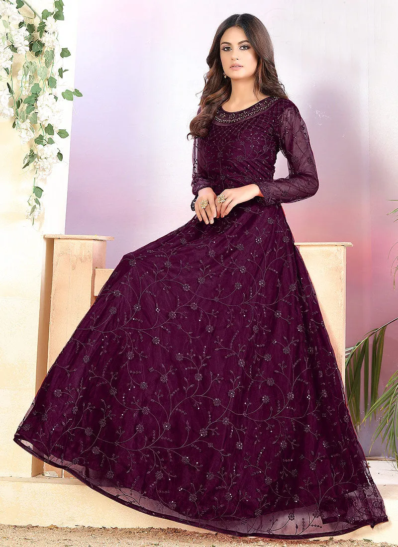 Purple Embroidered Net Anarkali Suit