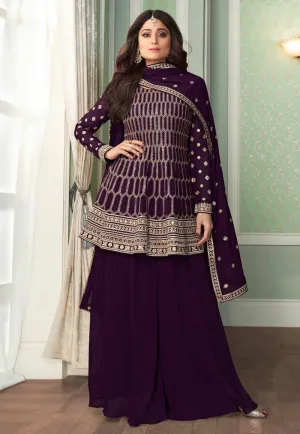 Purple Embroidered Peplum Gharara Suit