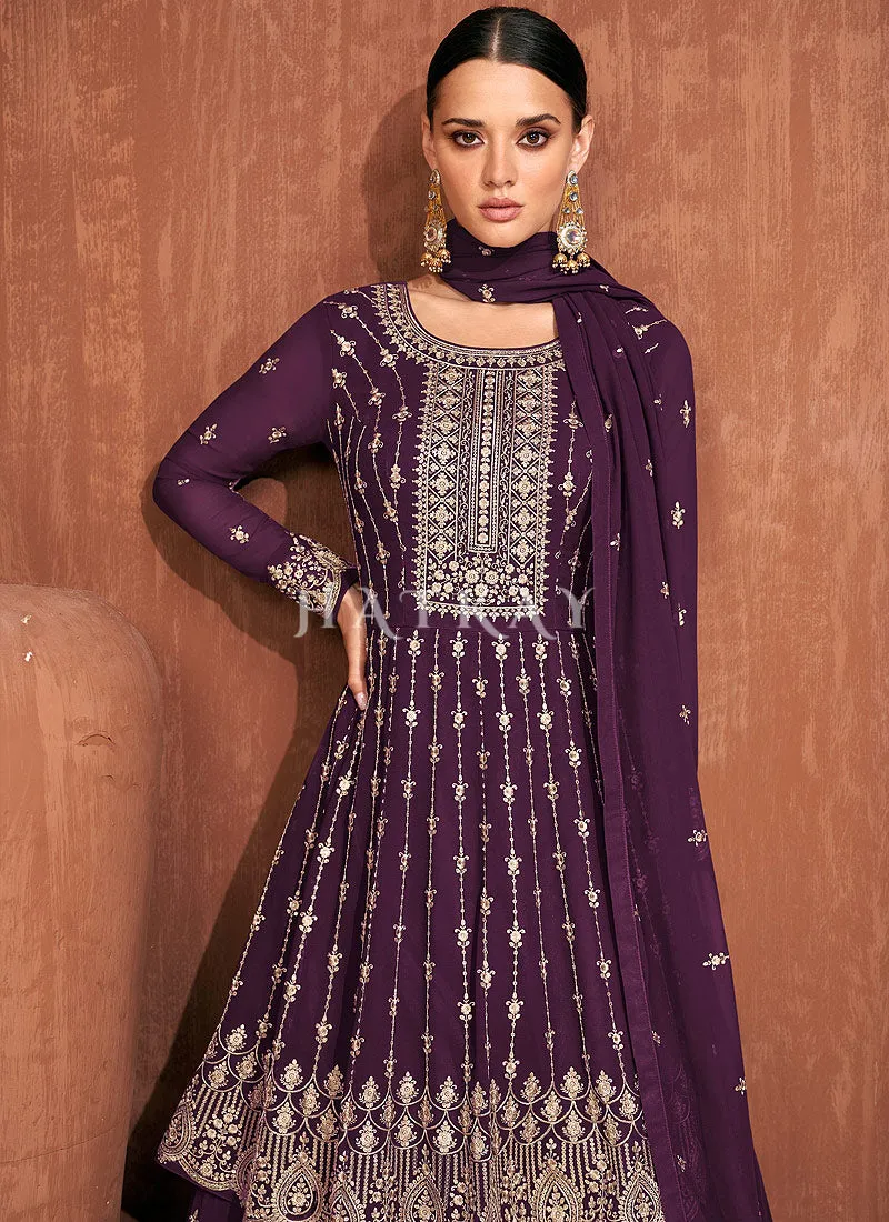 Purple Embroidered Peplum Style Lehenga Suit