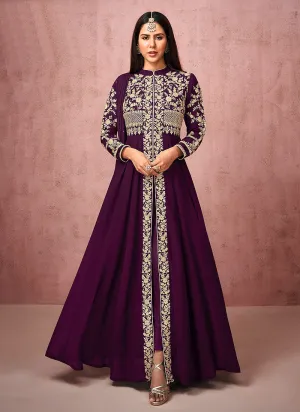 Purple Embroidered Slit Style Anarkali Pant Suit