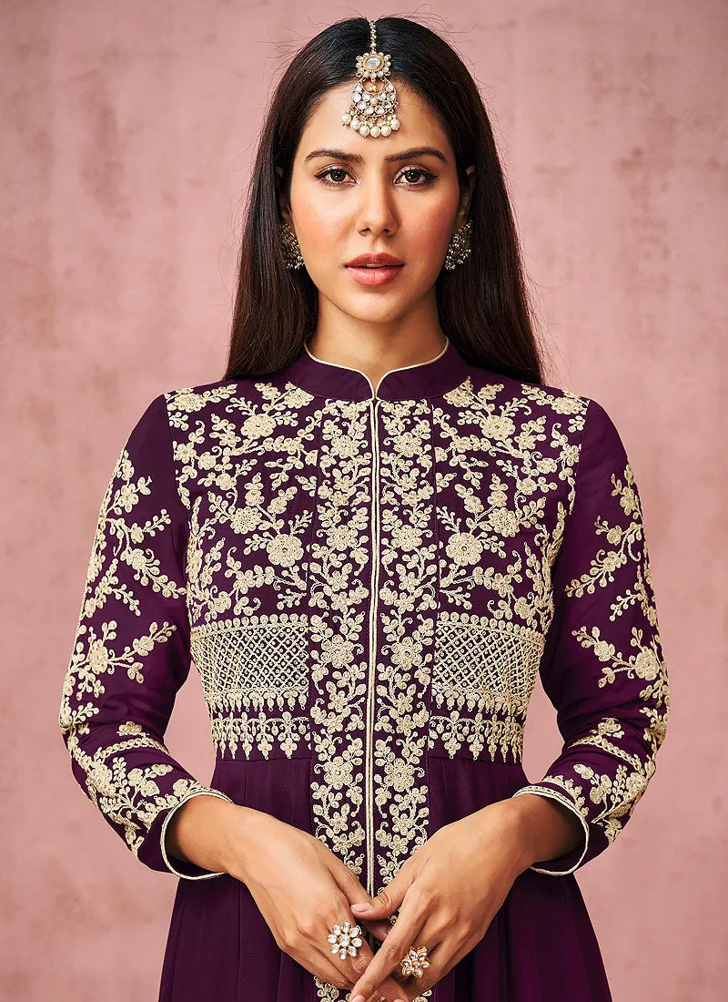 Purple Embroidered Slit Style Anarkali Pant Suit