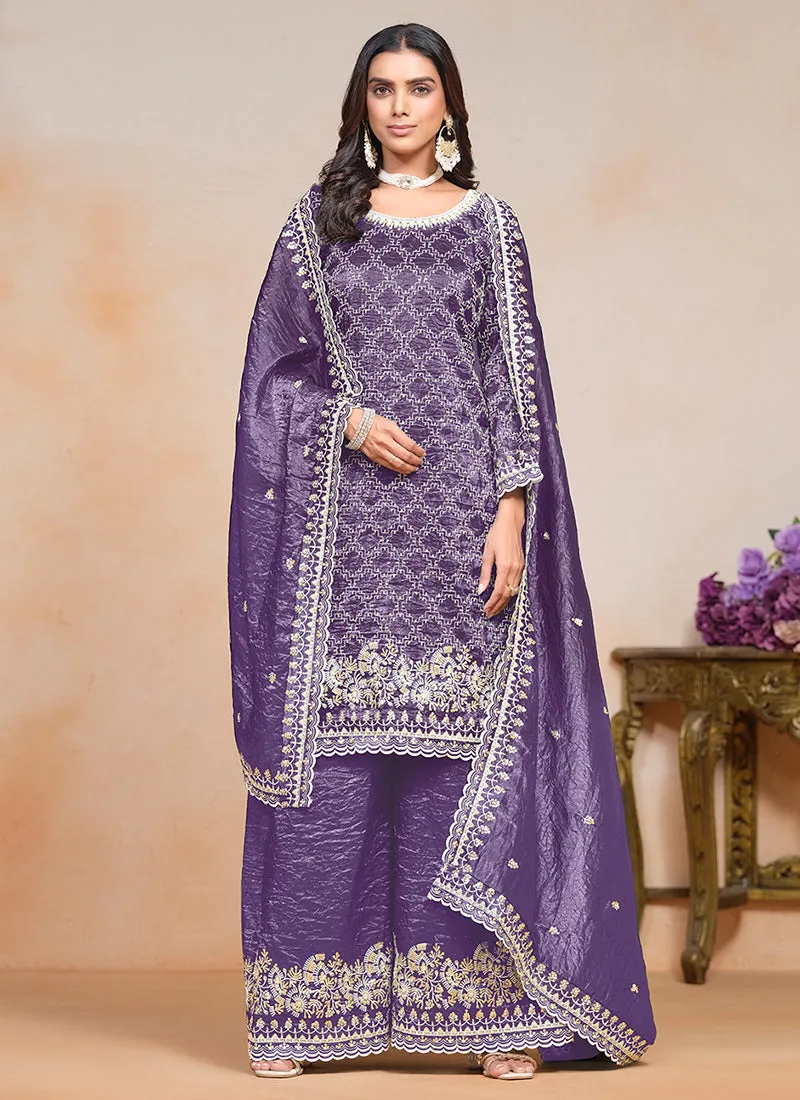 Purple Embroidered Traditional Palazzo Suit