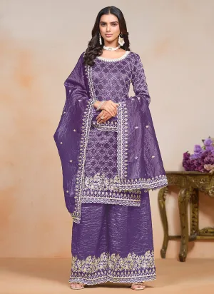 Purple Embroidered Traditional Palazzo Suit