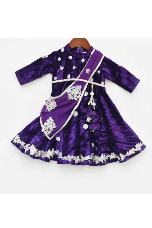 Purple Embroidered Velvet Anarkali With Attached Dupatta Set