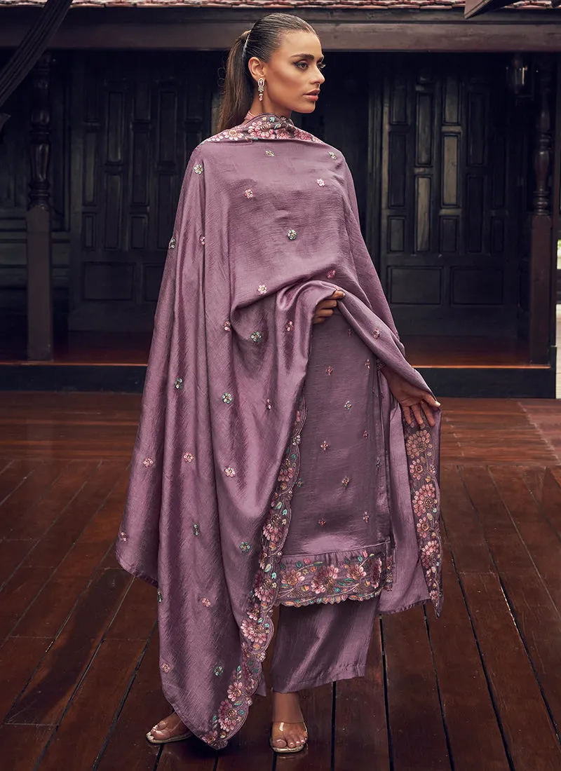 Purple Embroidery Designer Silk Pant Style Suit