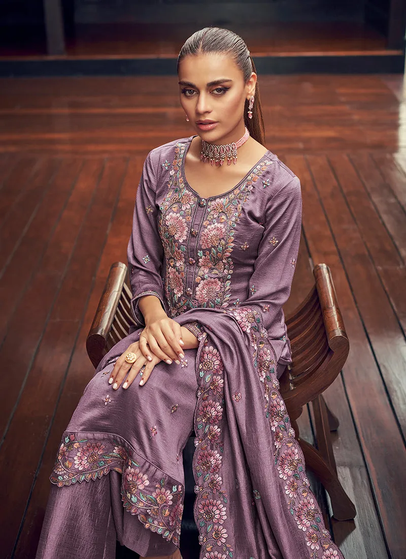 Purple Embroidery Designer Silk Pant Style Suit