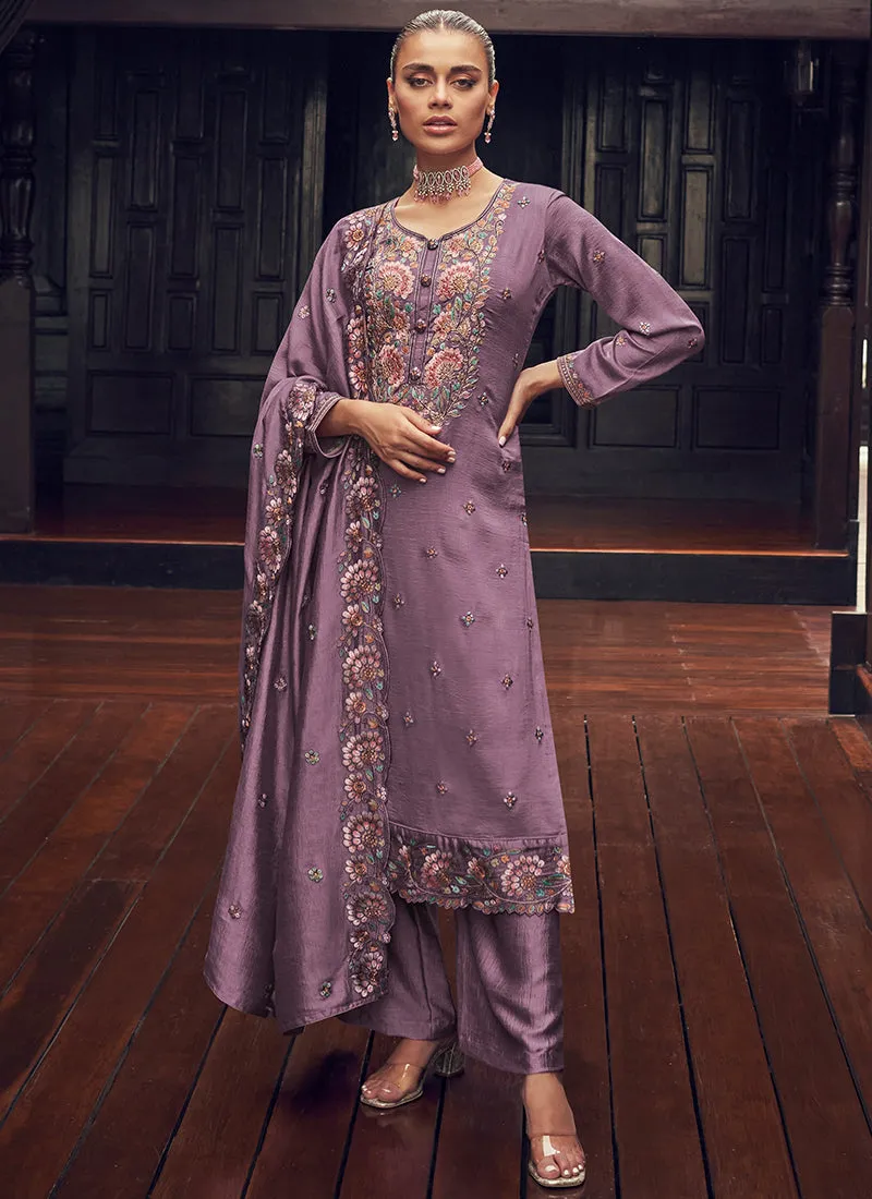 Purple Embroidery Designer Silk Pant Style Suit