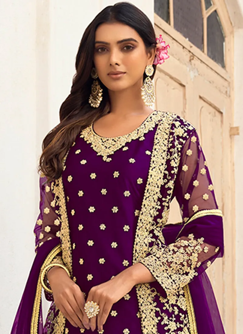 Purple Embroidery Pakistani Pant Style Suit