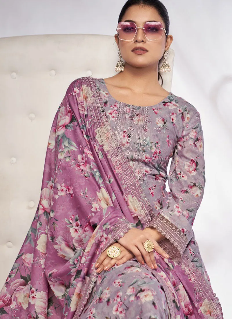 Purple Embroidery Printed Salwar Kameez Suit