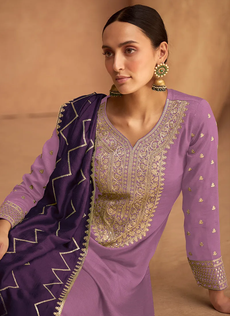 Purple Embroidery Silk Salwar Kameez