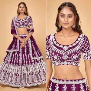 Purple Floral Embroidered Chiffon Lehenga Choli