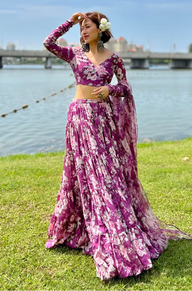 Purple Floral Printed Lehenga Choli with ruffled stitch pattern