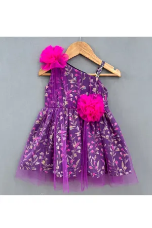 Purple Floral Printed One Shoulder Cotton With Pleated Net Overlay Dress