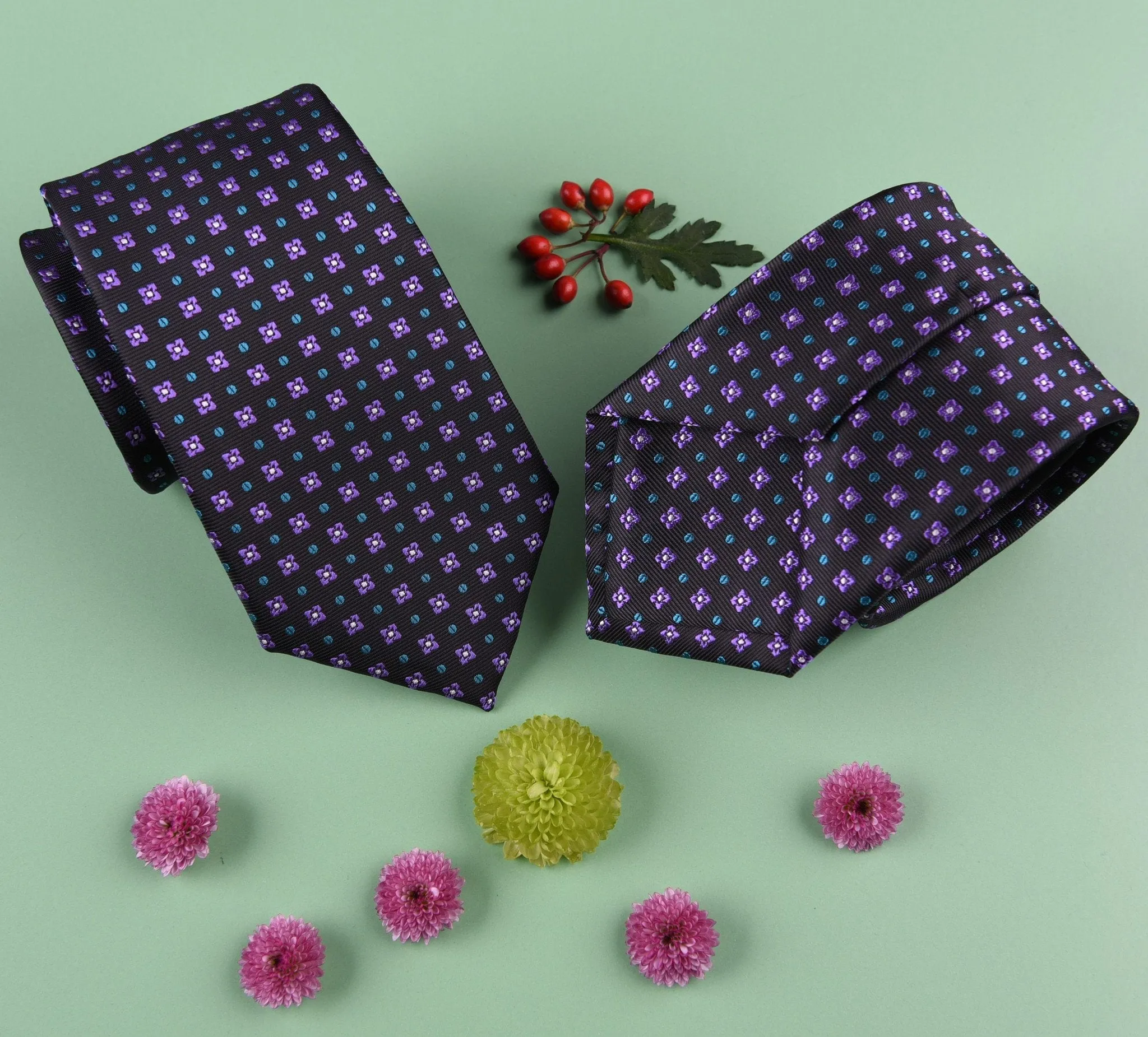 Purple Floral Teal Coffee Bean Studs Black Modern Tie 3"