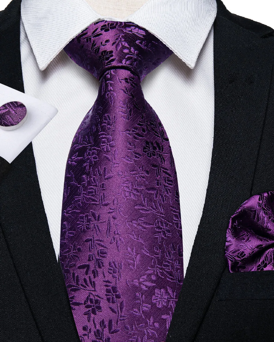 Purple Floral Tie Hanky Cufflinks Set