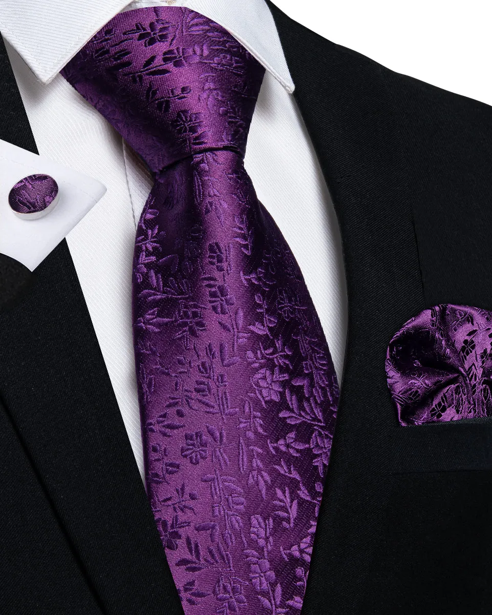 Purple Floral Tie Hanky Cufflinks Set