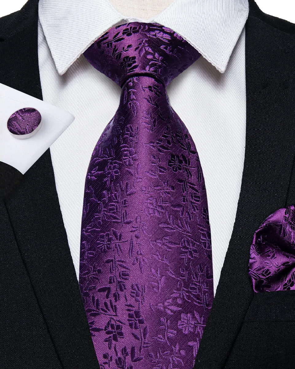 Purple Floral Tie Hanky Cufflinks Set