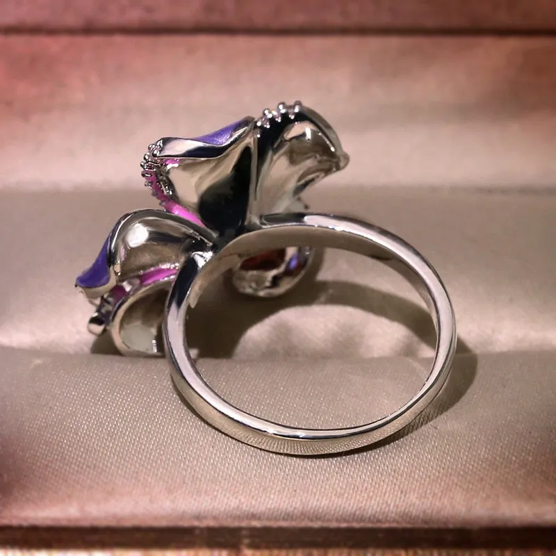 Purple Flower and Butterfly Enamel Ring for Women with Zircon in Silver Color