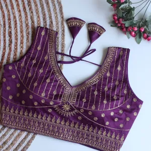 Purple Full Embroidery Monsoon Silk Blouse with Golden Sequin Design