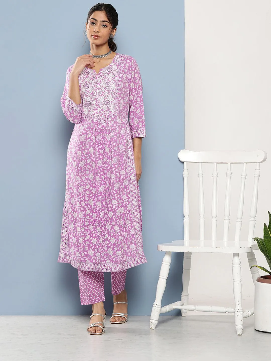 Purple Gathered Floral Printed Kurta Pant Sets