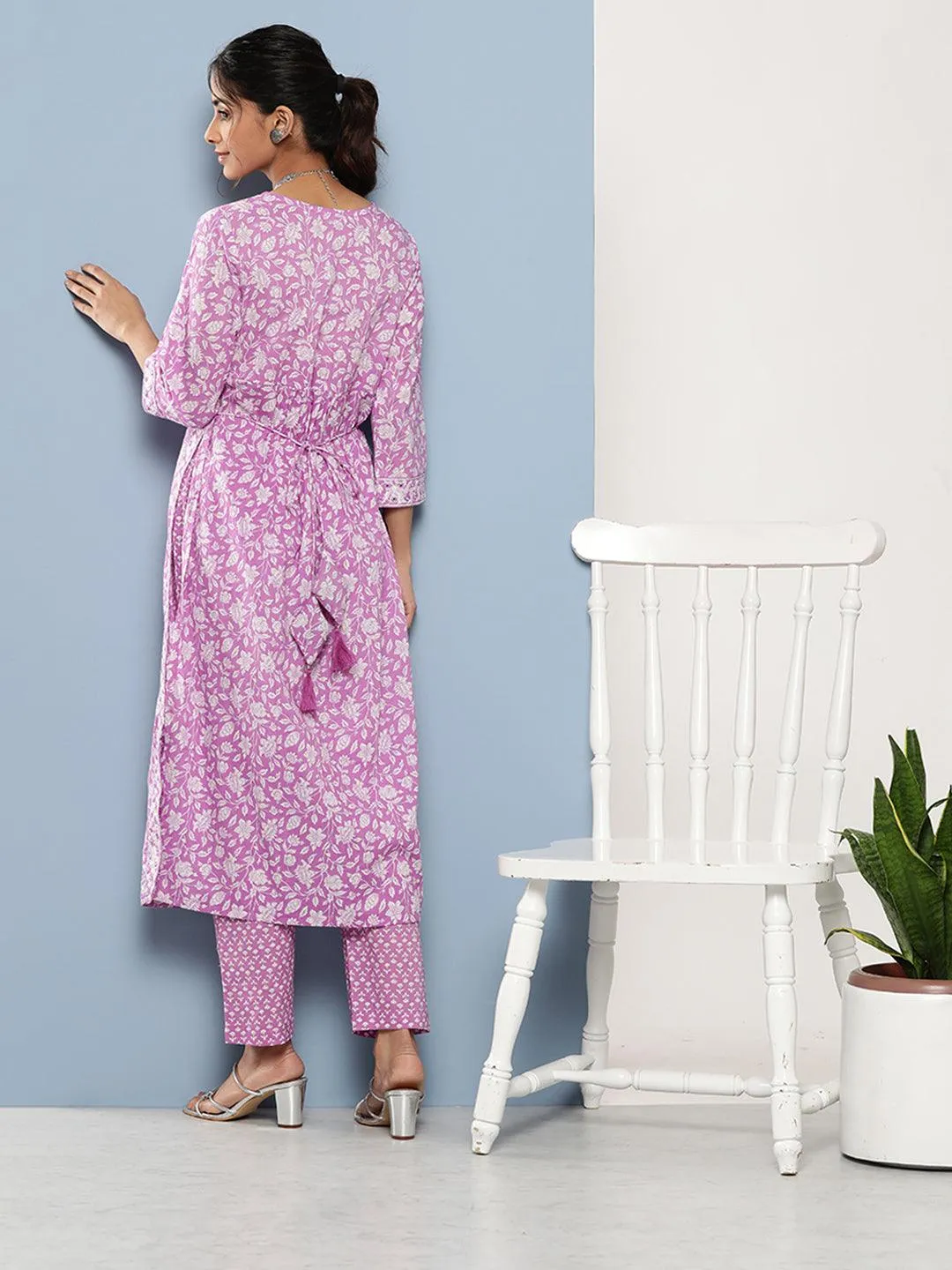 Purple Gathered Floral Printed Kurta Pant Sets