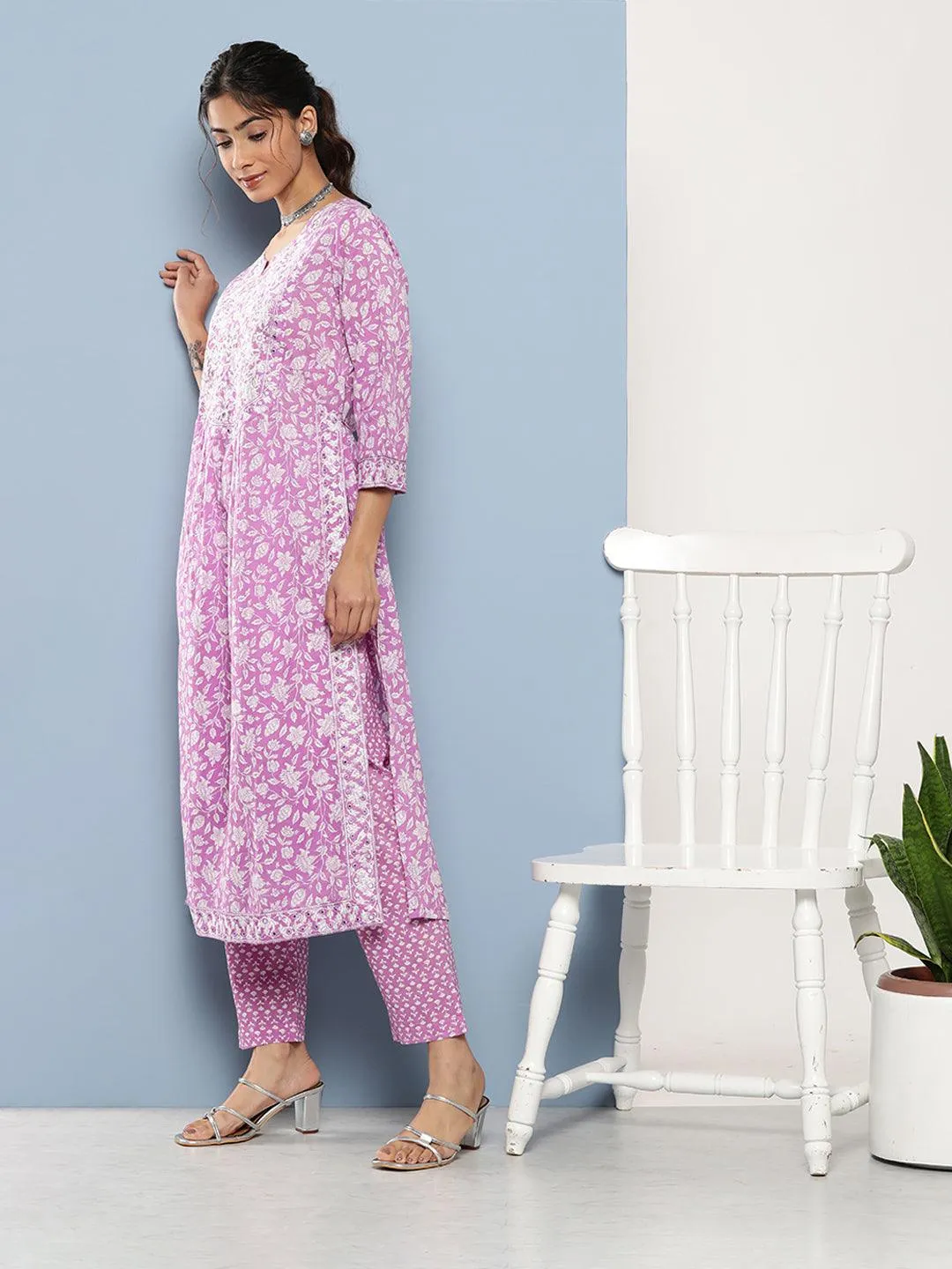 Purple Gathered Floral Printed Kurta Pant Sets