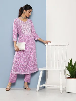 Purple Gathered Floral Printed Kurta Pant Sets