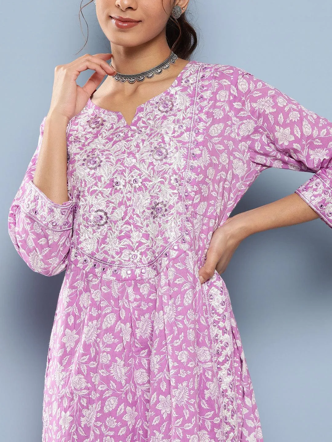 Purple Gathered Floral Printed Kurta Pant Sets