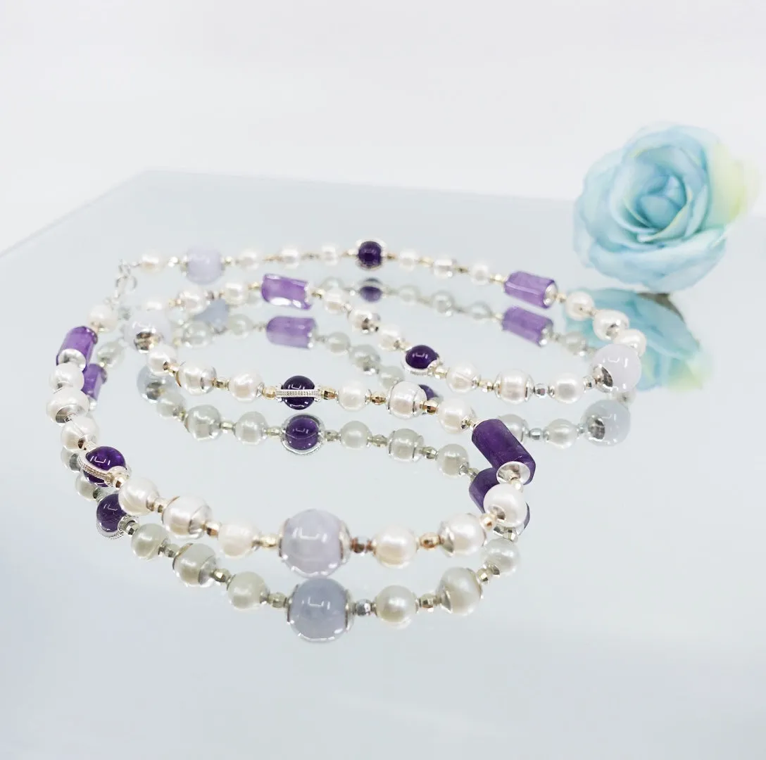 Purple Gemstone and Pearl Necklace in Sterling Silver