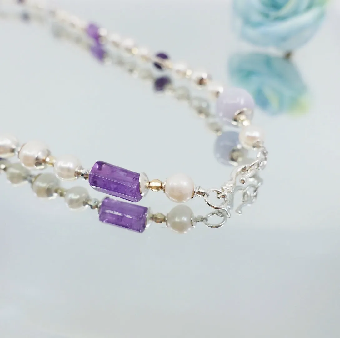 Purple Gemstone and Pearl Necklace in Sterling Silver