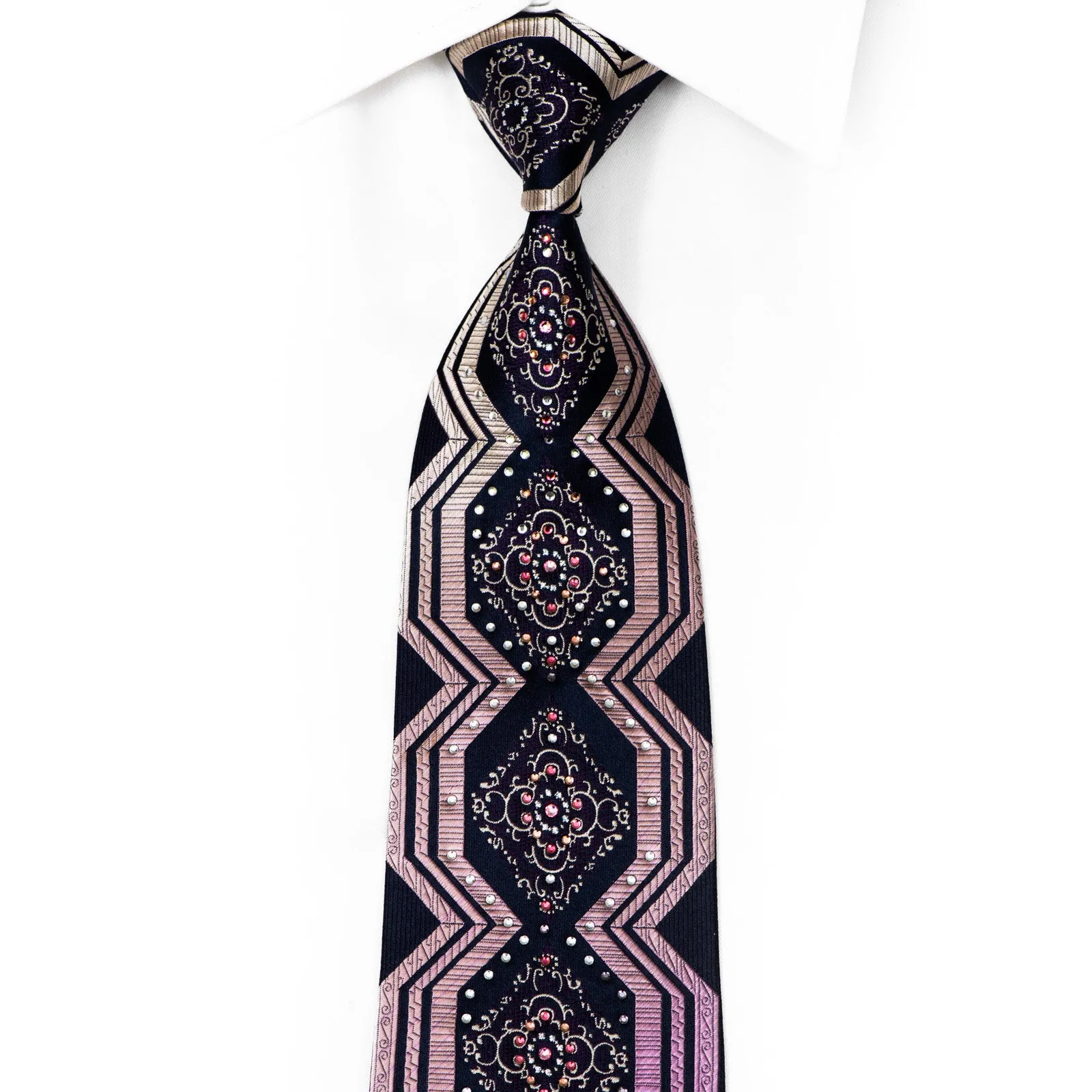 Purple Geometric & Cartouche On Navy Rhinestone Silk Necktie With Silver Sparkles