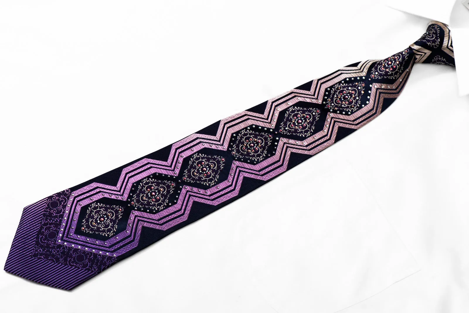 Purple Geometric & Cartouche On Navy Rhinestone Silk Necktie With Silver Sparkles