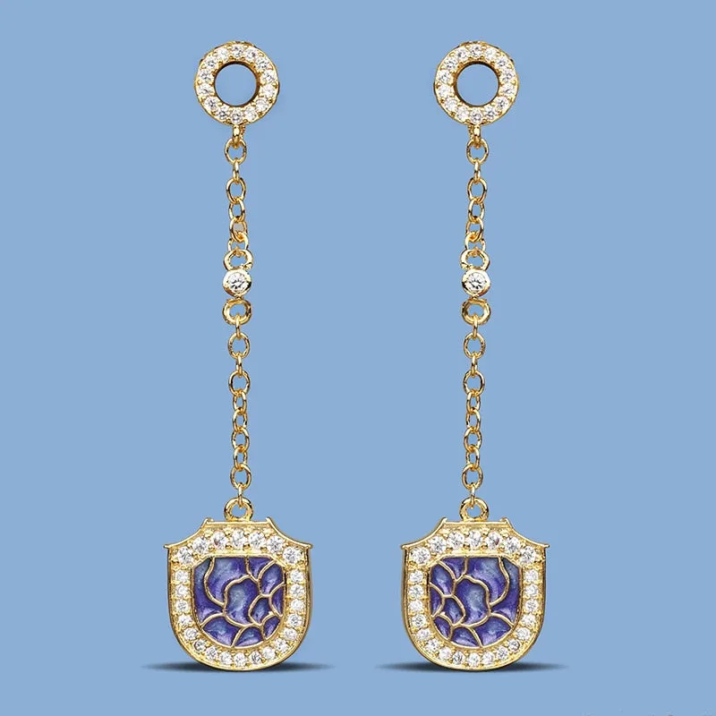 Purple Geometric Tassel Enamel Drop Earrings for Women with Zircon in Gold Silver