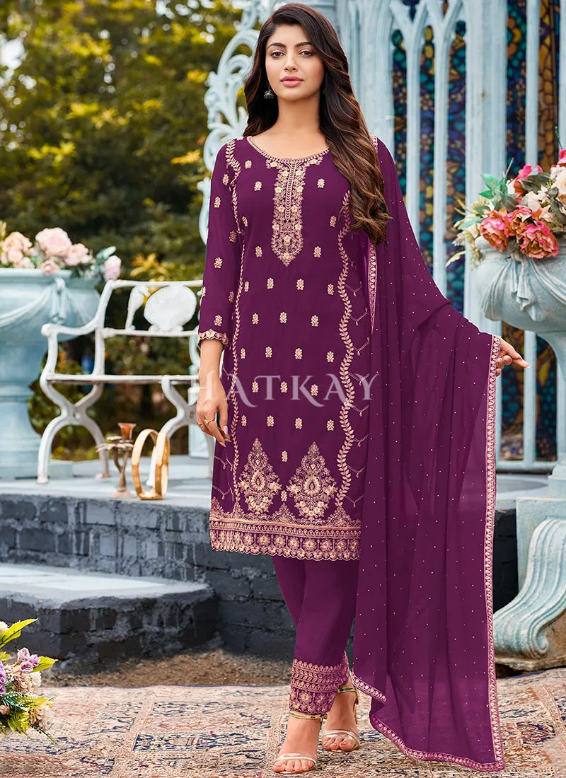 Purple Georgette Embroidered Pant Suit