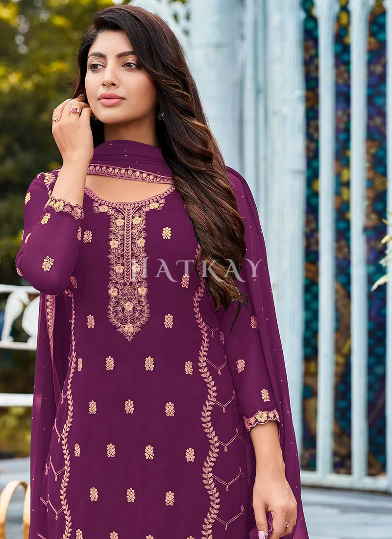 Purple Georgette Embroidered Pant Suit