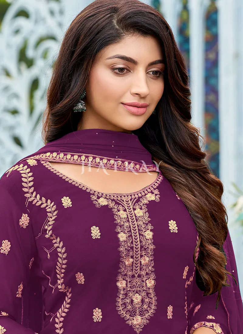 Purple Georgette Embroidered Pant Suit