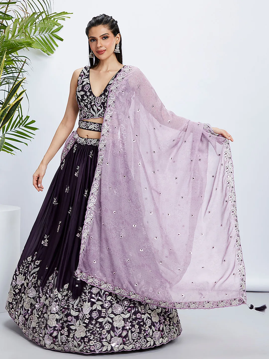 Purple Georgette Lehenga Choli Set with Sequins & Thread Embroidery