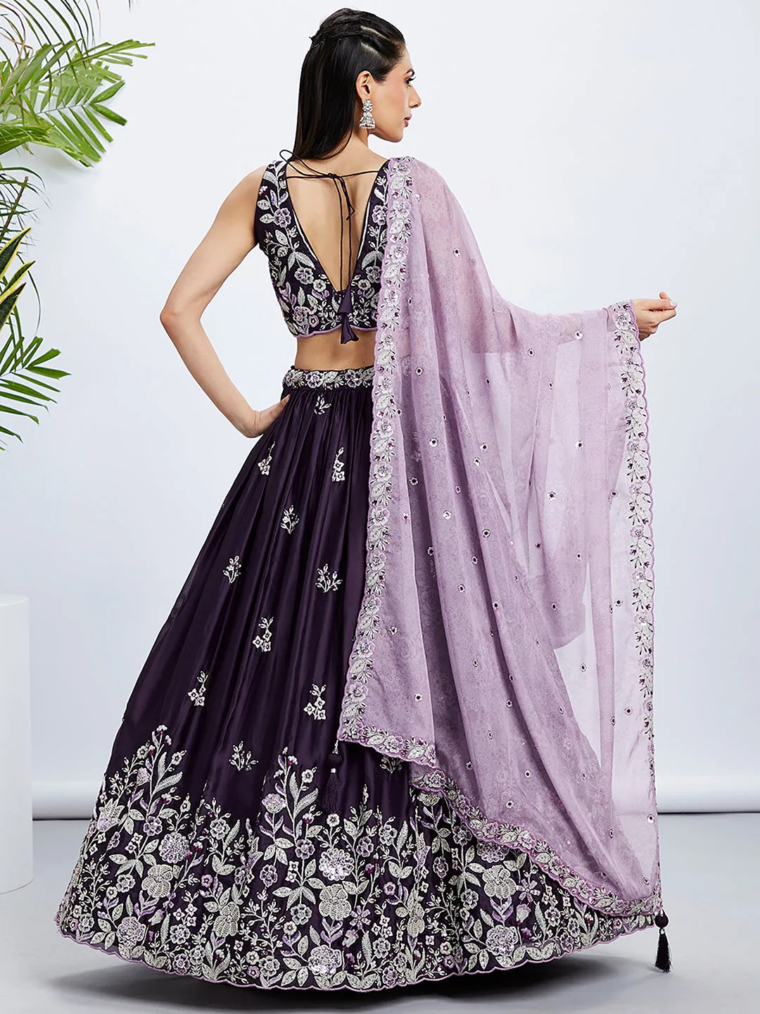 Purple Georgette Lehenga Choli Set with Sequins & Thread Embroidery