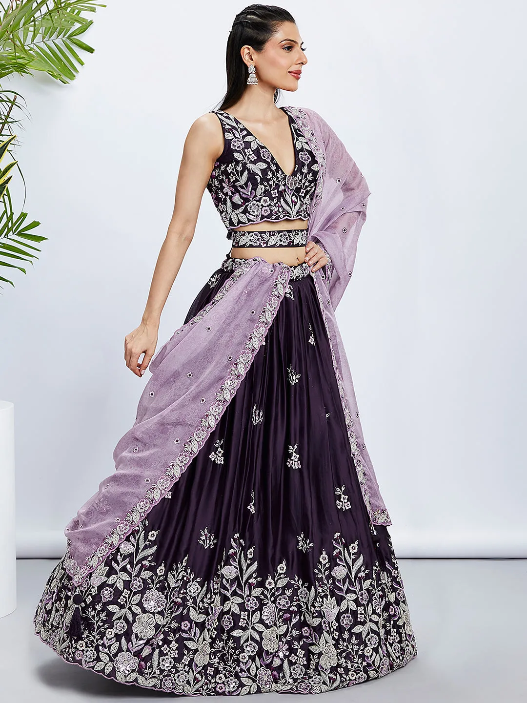 Purple Georgette Lehenga Choli Set with Sequins & Thread Embroidery