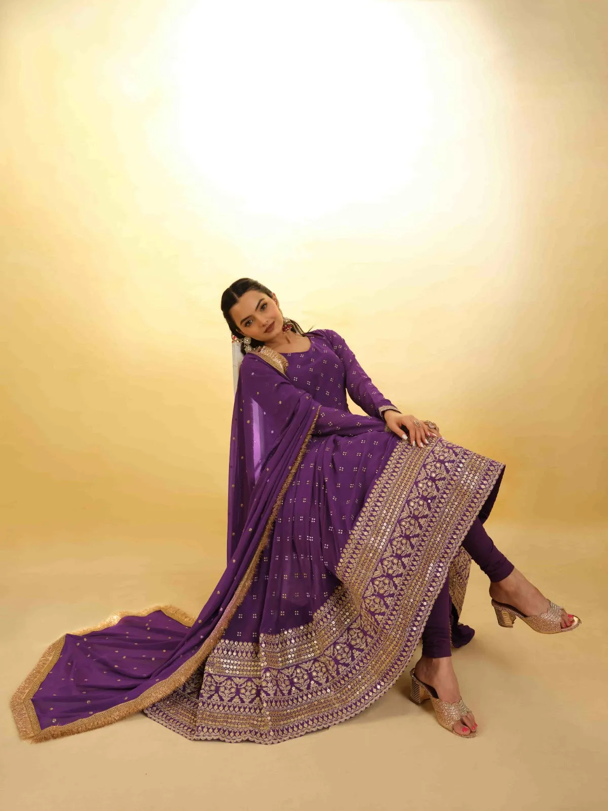 Purple Georgette Suit with Embroidery and Shantoon Bottom