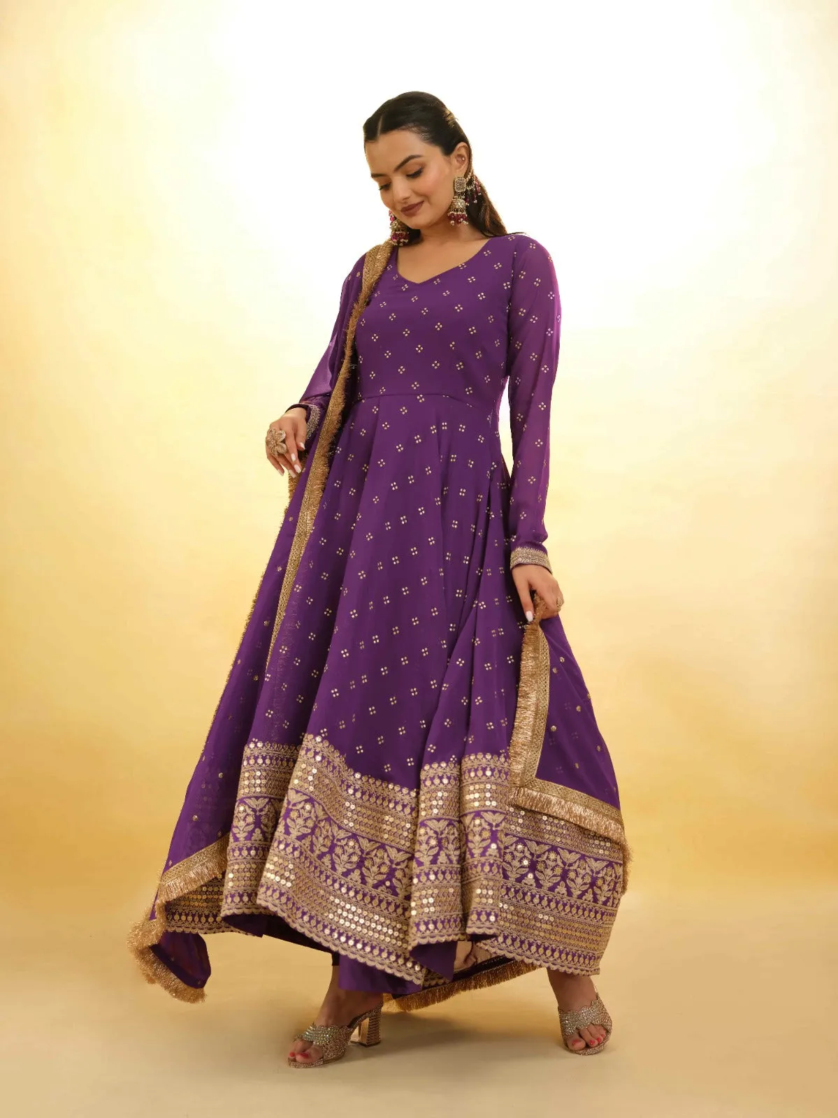 Purple Georgette Suit with Embroidery and Shantoon Bottom