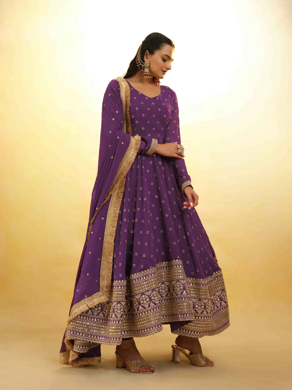 Purple Georgette Suit with Embroidery and Shantoon Bottom