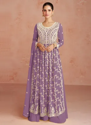 Purple Georgette Thread Embroidered Palazzo Suit