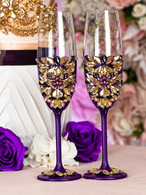 Purple Gold 2 quinceanera champagne glasses