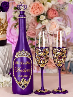 Purple Gold quinceanera bottle with 2 glasses