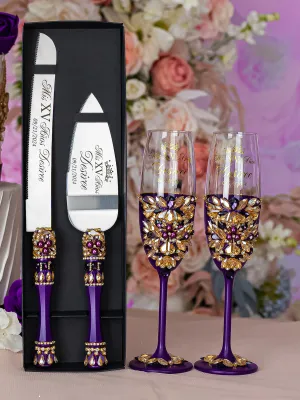 Purple Gold quinceanera cake knife set with 2 glasses