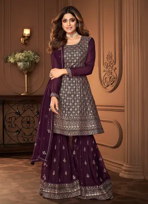 Purple Golden Embroidered Designer Sharara Suit