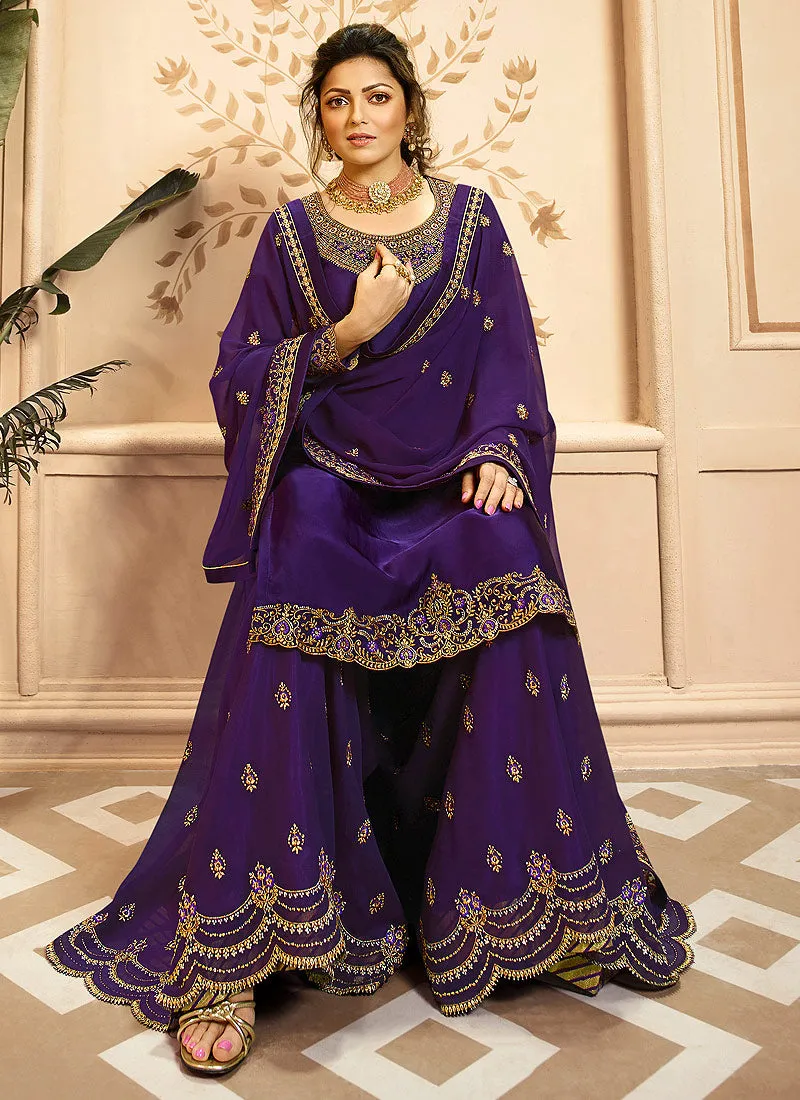 Purple Golden Embroidered Indian Gharara/Churidar Suit