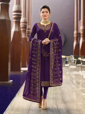 Purple Golden Embroidered Traditional Churidar Suit