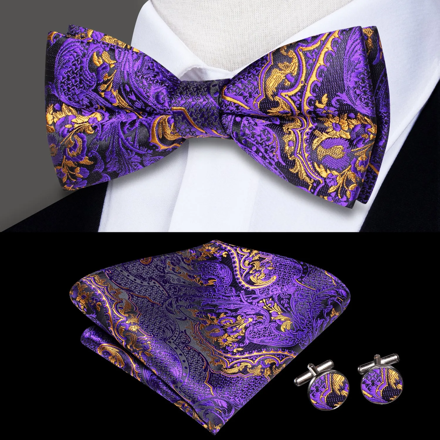 Purple Golden Paisley Pre-tied Bow Tie Hanky Cufflinks Set